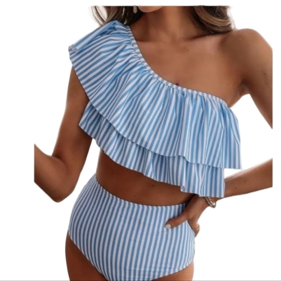 Vimpunec Other - Vimpunec One Shoulder Bikini Set Blue White Strip High Waist